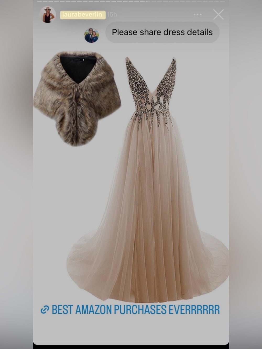 Amazon Champagne Beaded V-Neck Tulle Gown - Picture 7 of 7